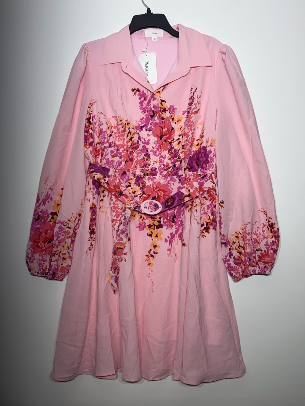 YstGuic Floral Print Shirt Dress Size XL Pink Belted Long Sleeve